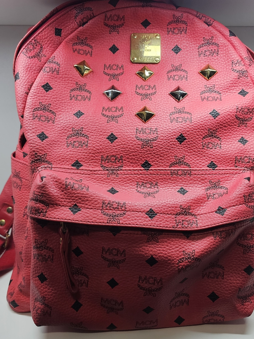 MCM Pink Logo Studded Leather Backpack